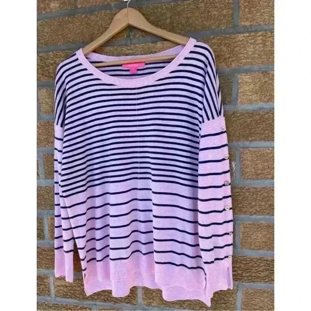 LILLY PULITZER Melenie "Cool-Max" Sweater in Heathered Pink Tropics Stripe Large - Picture 2 of 7